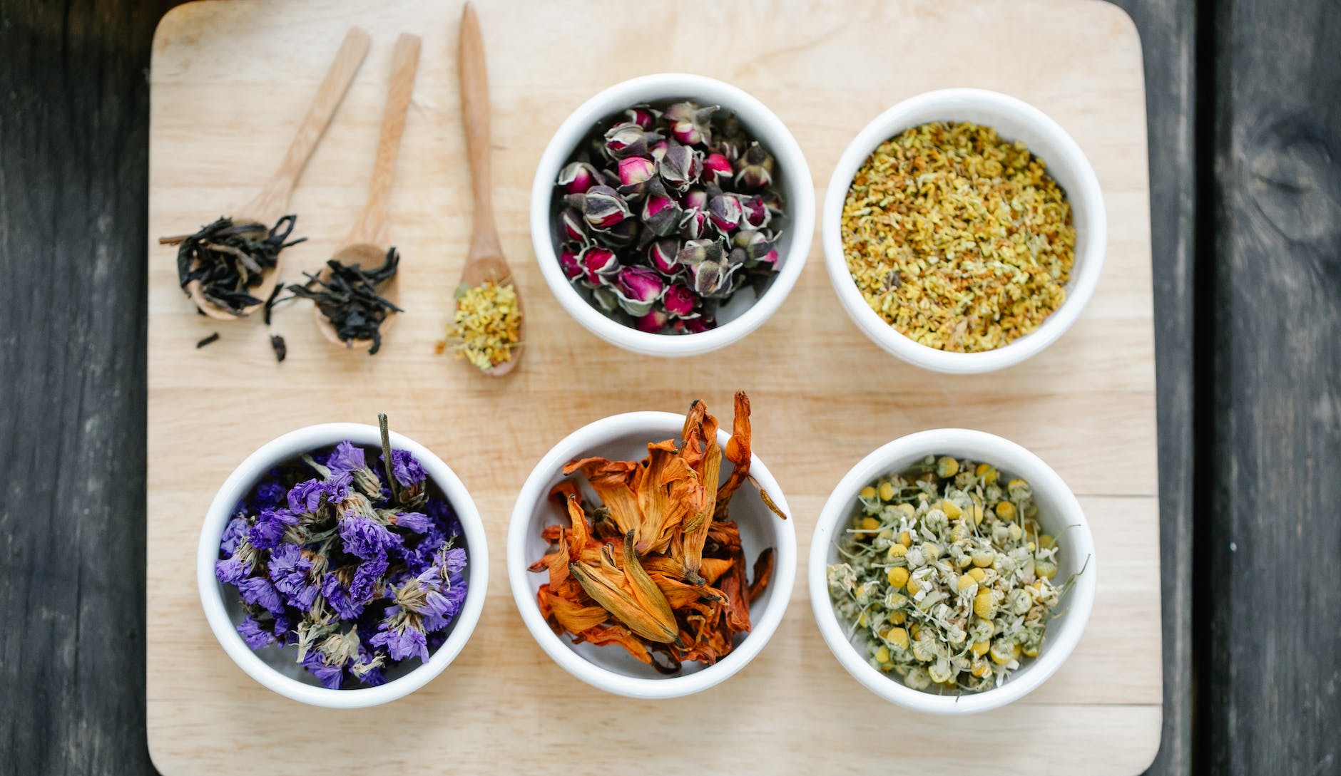 close up of tea ingredients in bowls